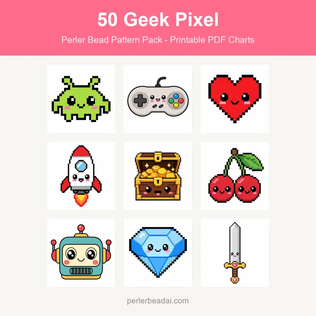 50 Geek Pixel Perler Bead Patterns - Printable PDF Pack