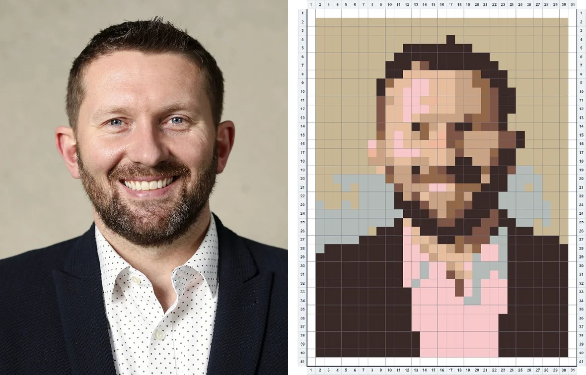 Photo of a bearded man turned into a cartoon-style fuse bead avatar pattern