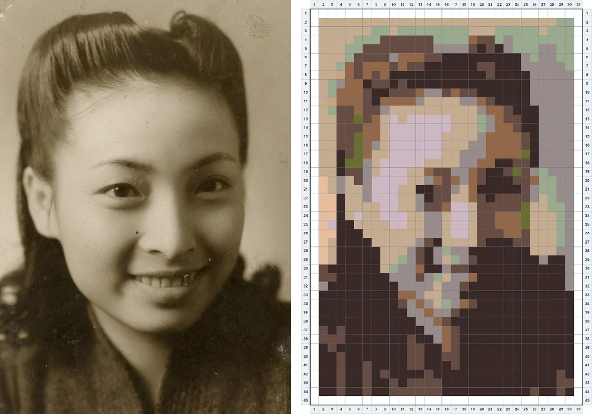 Vintage portrait photo recreated as a cartoon fuse bead avatar pattern