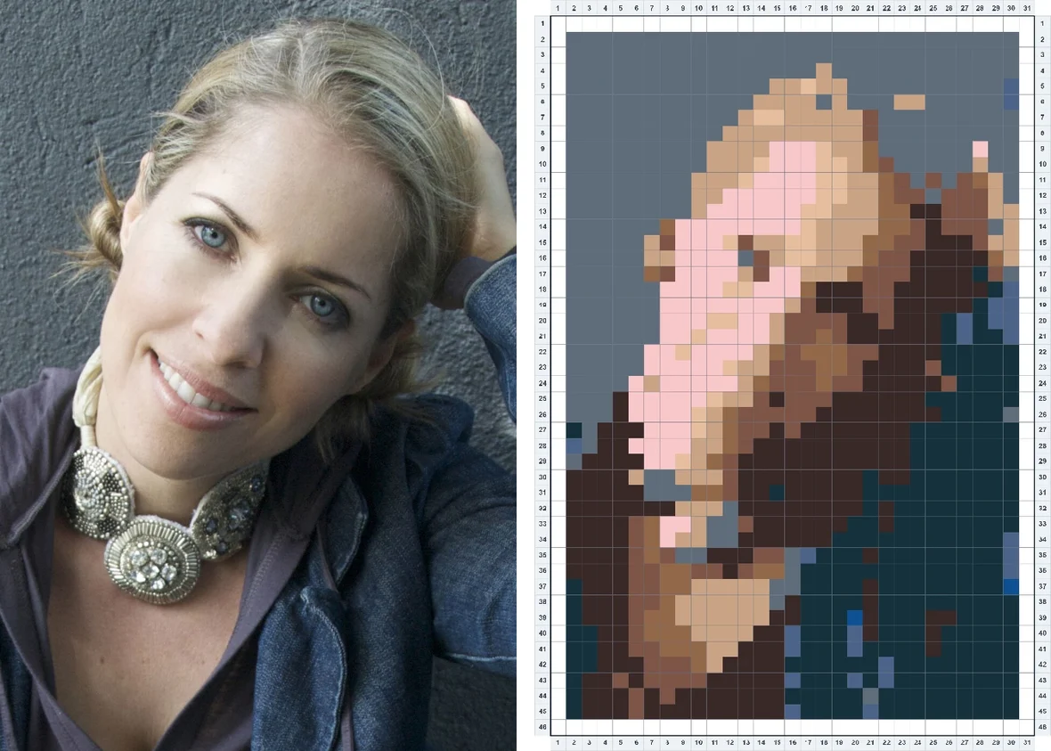 Portrait photo of a woman converted into a cartoon fuse bead avatar pattern