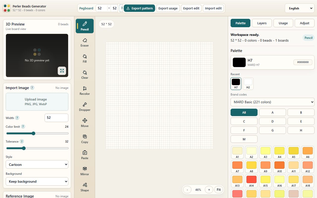 Pattern Generator editor with pegboard grid, brand color palette and editing tools