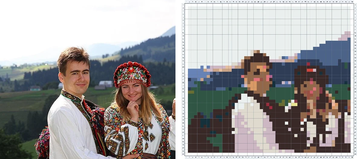 Couple photo in traditional dress converted into a fuse bead pattern