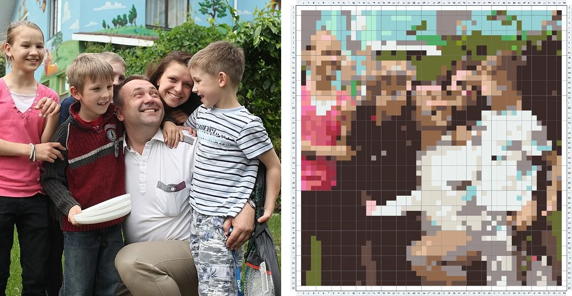 Family photo of children with grandfather turned into a fuse bead pattern