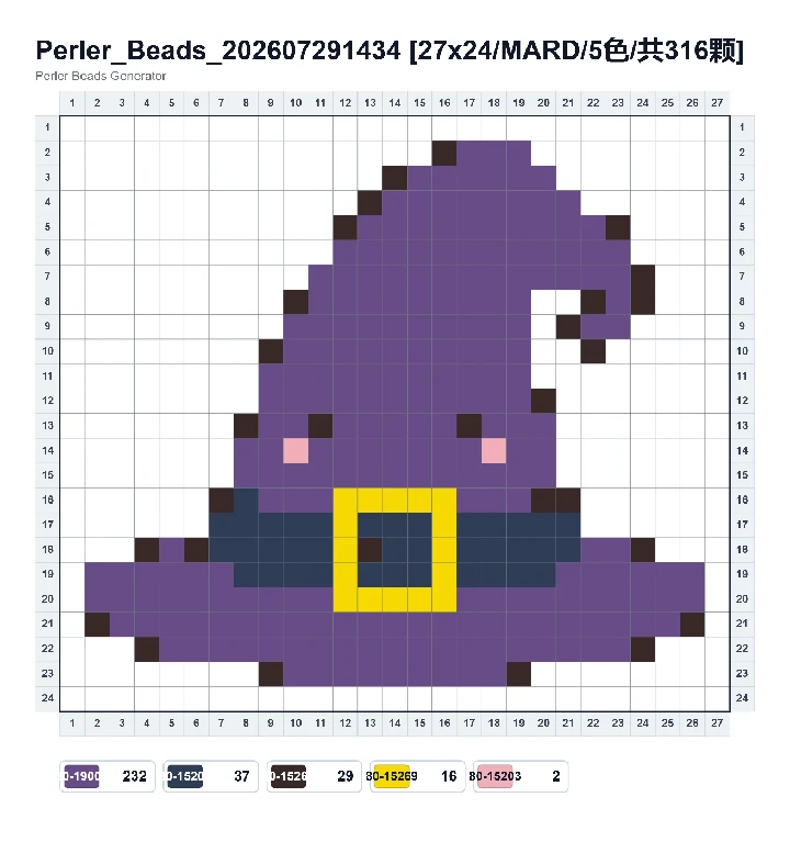 Halloween witch hat fuse bead pattern chart with bead counts