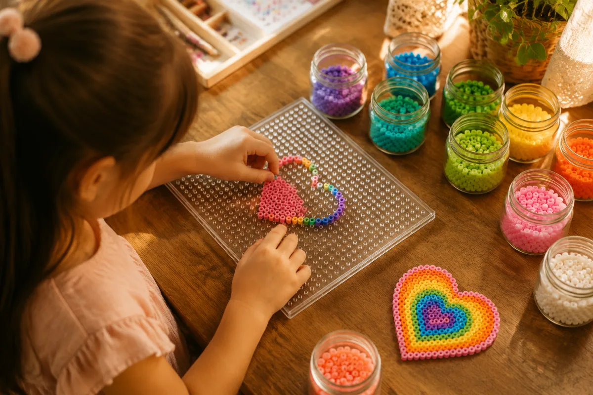 A child placing colorful fuse beads on a pegboard at a cozy craft table
