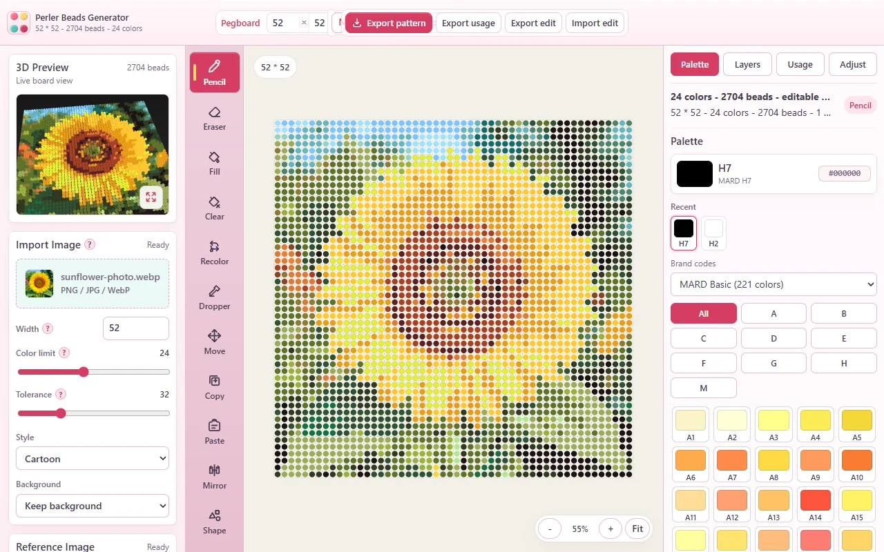 Muster-Generator Editor mit Steckplatten-Raster, Marken-Farbpalette und Bearbeitungswerkzeugen