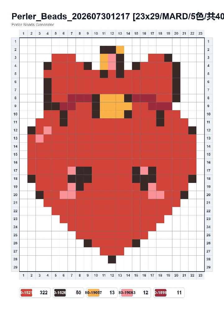 Adorno de Corazón Rojo patrón de perlas termofusibles – gráfico imprimible con conteo de perlas