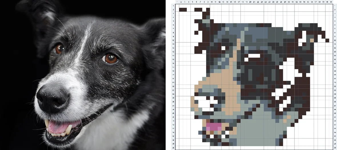 Studio dog photo side by side with its fuse bead pattern generated by PerlerBeadAI