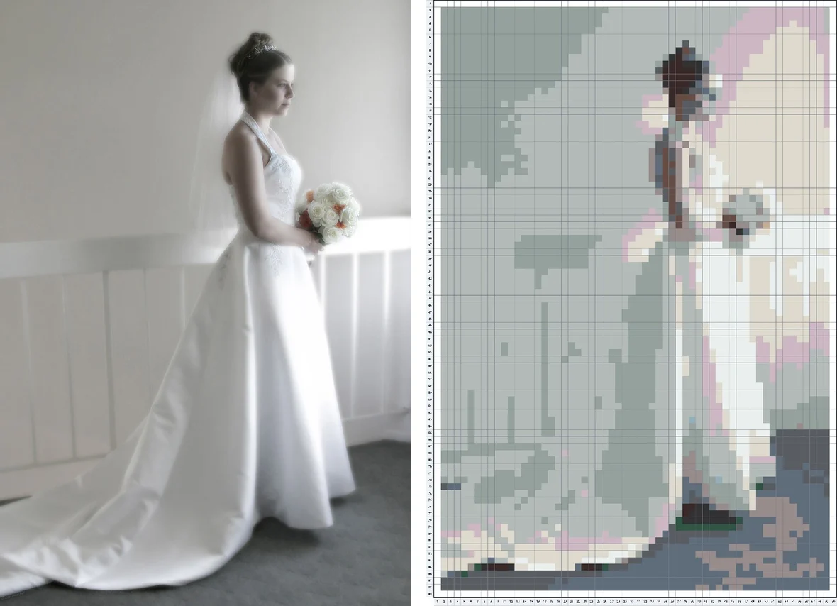 White wedding dress photo turned into a fuse bead pattern