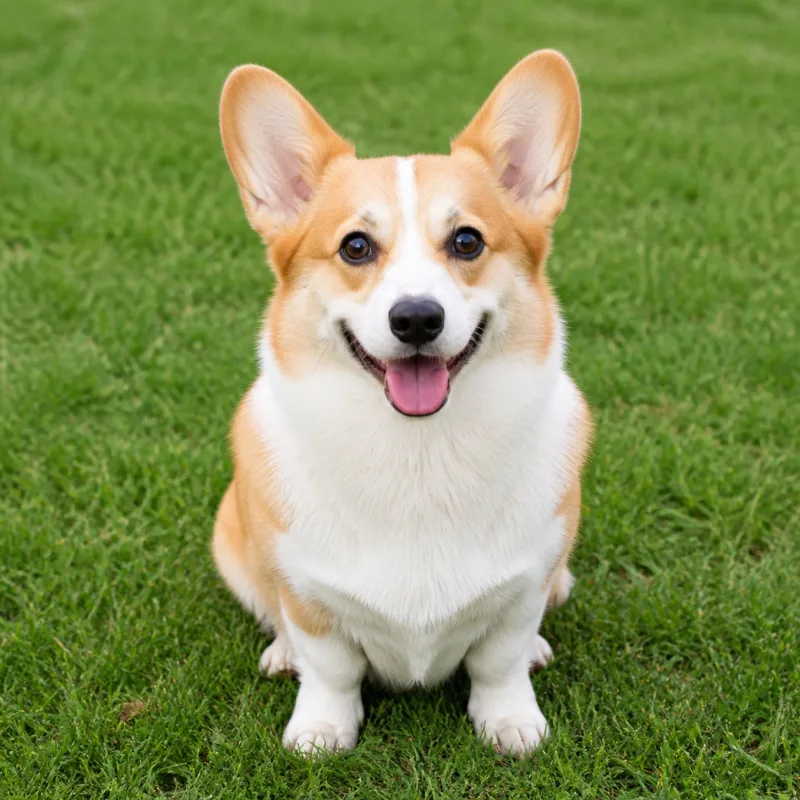 Photo of a corgi sitting on grass