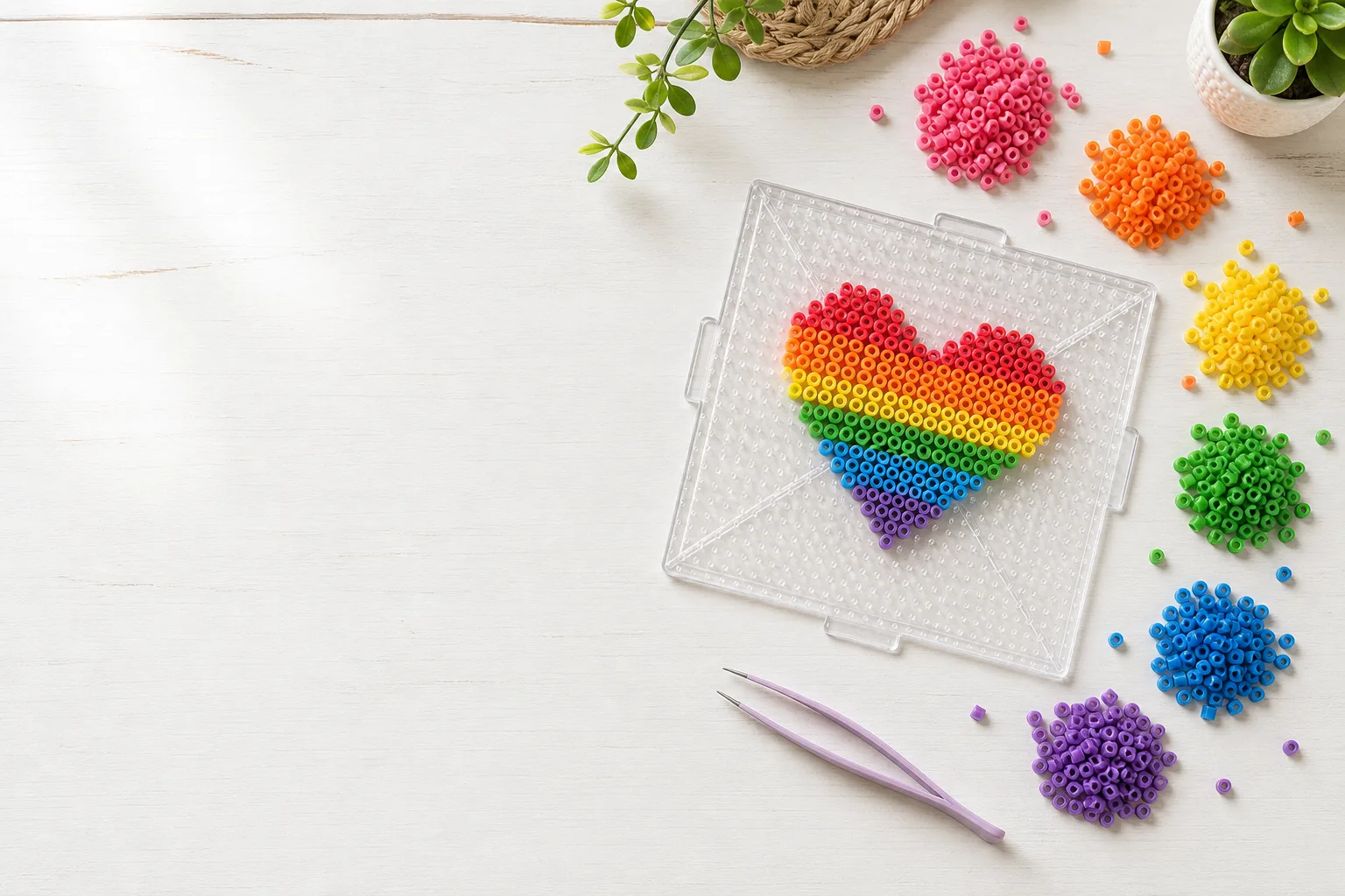 Fuse bead crafting scene: rainbow heart pattern on a pegboard with color-sorted bead piles